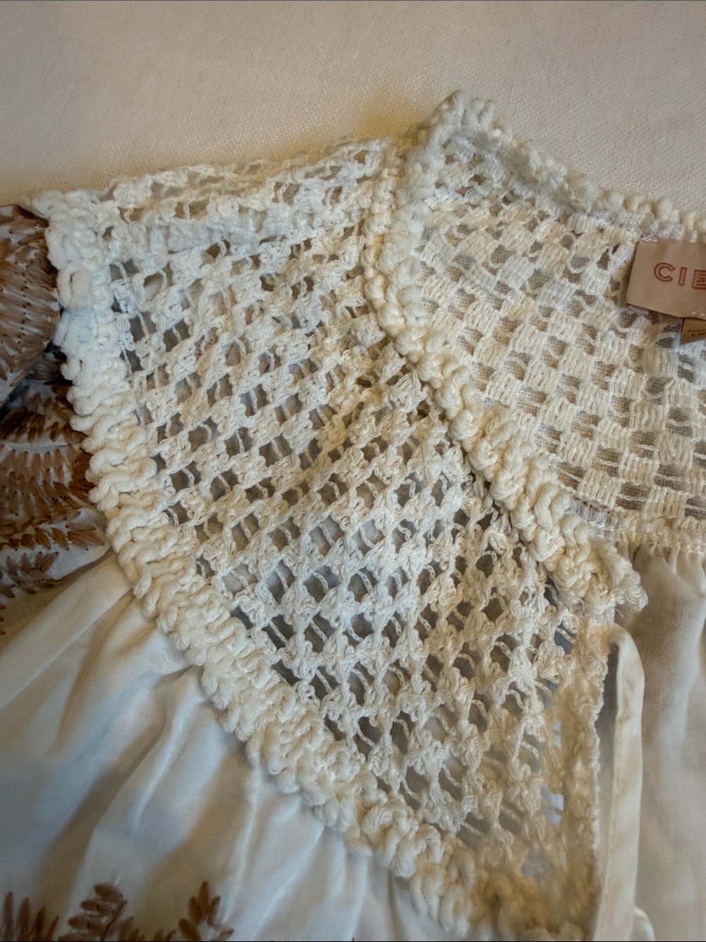 Ciebon Cream Boho Top with Brown Fern Embroidery and Crochet Collar - Picture 7 of 7
